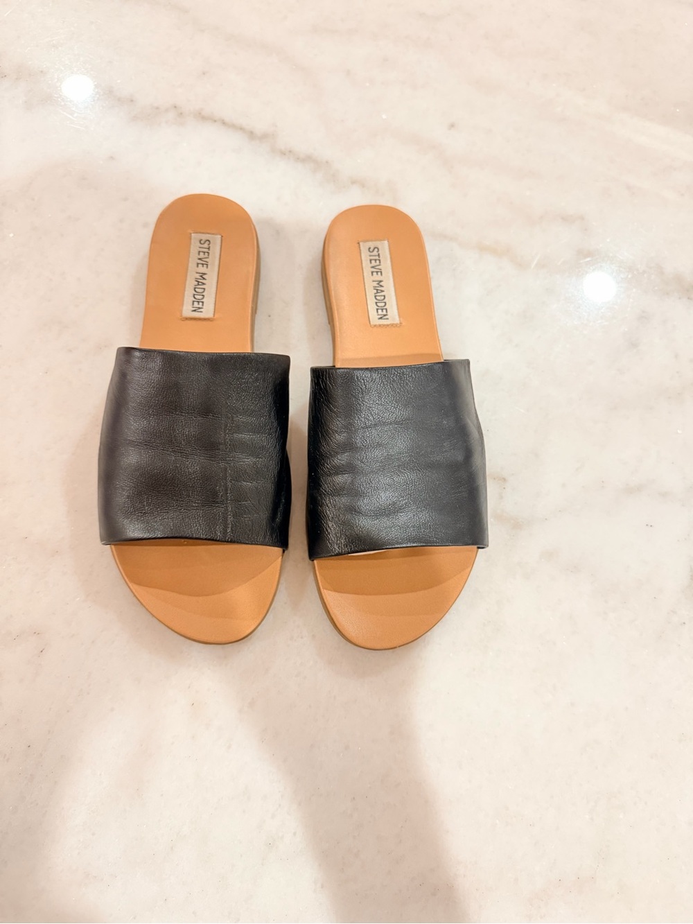 Steve Madden Black Leather Slide Mules with Tan Footbed